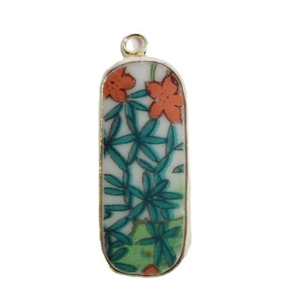 Vintage Transferware China Floral Bamboo Porcelain Pendant Pottery Shard Jewelry